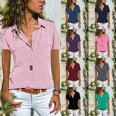 #ad Womens Short Sleeve Casual T Shirt Tops Ladies Work OL Button Blouse Tee Size US