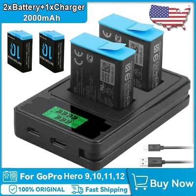 #ad 2* Hero 9 10 11 12 Battery amp; 2 Channel Charger for Gopro Hero 9 10 11 12 Camera