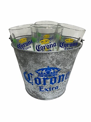 #ad CORONA EXTRA 6 Piece Set Ice Bucket 4 Pub Pint Glasses Foam Support Aluminum