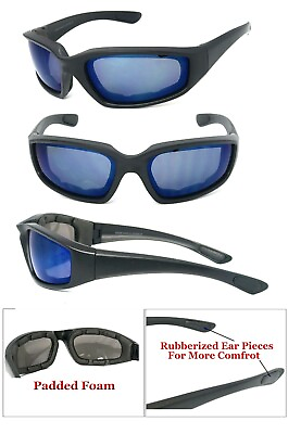 #ad Motorcycle Padded Foam Wind Resistant Riding Glasses Sunglasses Blue Flash Lens