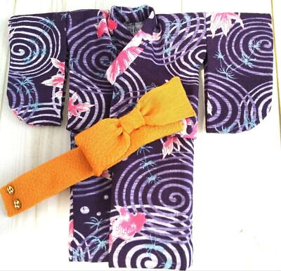 #ad Purple Goldfish Pattern Doll Yukata Gold Brown Obi Set Outfit Only