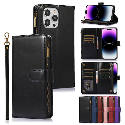 #ad For iPhone 15 14 13 12 11 X 8 7 6 Leather 9 Card Slots Zipper Wallet Phone Case