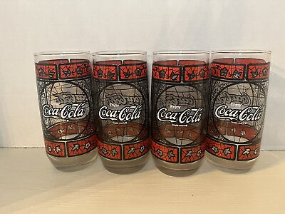 #ad VTG Coca Cola Tiffany Style Stained Glass Drinking Glasses Tumblers Set Of 4