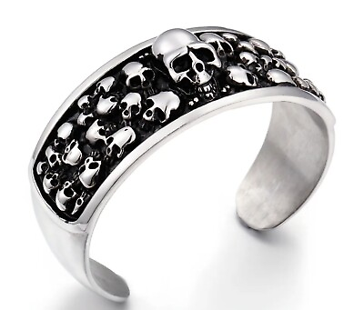 #ad Men#x27;s Heavy Gothic Skull Skeleton 316L Stainless Steel 28MM Wide Cuff Bracelet