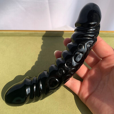 #ad 180mm Obsidian Penis Massage Yoni Wand Double Head Curved Crystal Collection