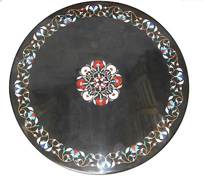 #ad 30quot; black round marble Table Top marquetry Pietra Dura work Home Garden decor