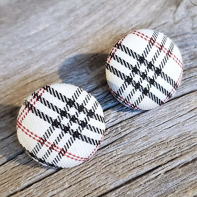 #ad White Black Red Tartan Plaid Fabric Button Earrings