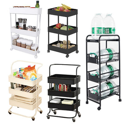 #ad 3 4 Tier Rolling Cart Sturdy Storage Cabinet Basket Holders Shelf Storage Rack