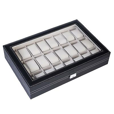 #ad 24 Slot Watch Box Leather Display Case Organizer Top Glass Storage