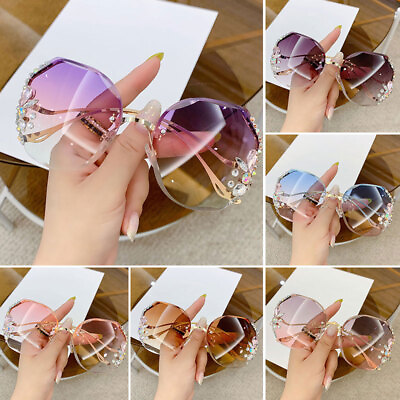 #ad Fashion Rimless Rhinestone Sunglasses Oversized Luxury Gradient Shades UV400