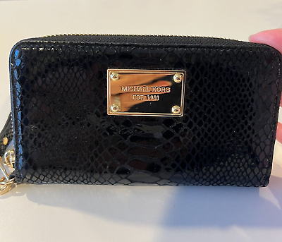 #ad Michael Kors Wallet Zip Around Wristlet Python Embossed Black Leather NWOT