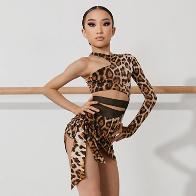 #ad Girls Leopard Latin Dance Dress One Sleeves Performance Costume Practice Dress