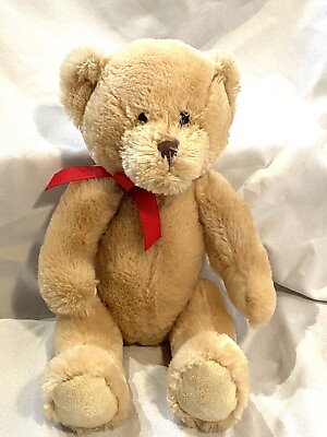 #ad tan stuffed plush bear with red bow