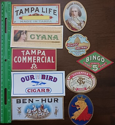#ad CIGAR BOX LABELS LOT OF 10 CIGAR END LABELS USED #079