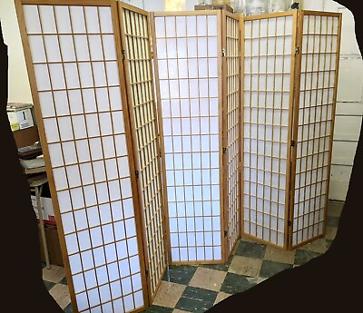 #ad 6 Panel SHOJI Folding Screen Room Divider Solid Wood Frame Rice Paper Panels
