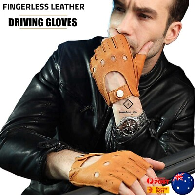 #ad Men#x27;s Classic Finger less Leather Driving Gloves Goat Skin Leather AUS