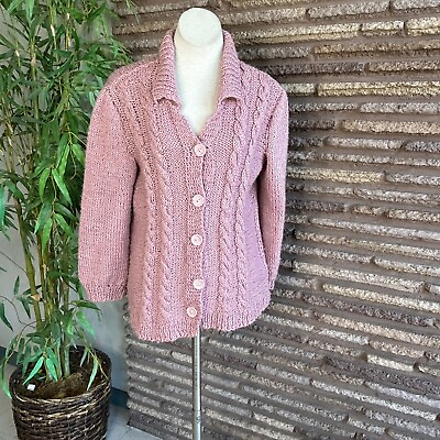 #ad Vintage 80s Dusty Rose Pink Cable Knit Cardigan Sweater Hand Made Size XL 1X