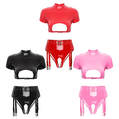 #ad Women Clubwear Sleeveless Nightwear PVC Leather Lingerie Crotchless Bikini Set $19.54