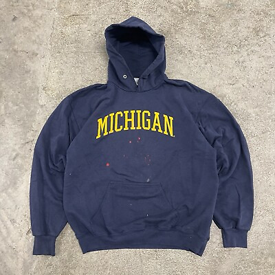 #ad Vintage y2k Michigan University Navy Blue Hoodie Sweatshirt Size Large RARE 00s