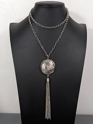 #ad Hammered Style Round Dome Pendant Chain Tassel Long Necklace Silver Tone Western