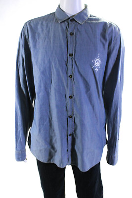#ad Love Moschino Mens Peace Compass Long Sleeve Button Up Shirt Blue Size XXL