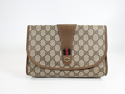 #ad Gucci Vintage Clutch Second Bag Flap PVC GG Supreme Brown Authentic