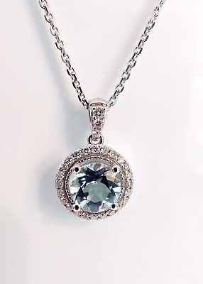 #ad Aquamarine amp; Diamond Necklace 9ct White Gold amp; 9ct Chain 0.20ct Natural Stones