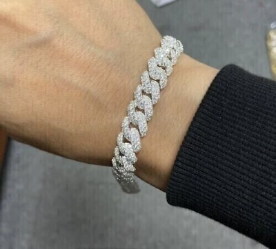 #ad 5Ct Round Simulated Diamond Miami Cuban Link 8 mm Bracelet 14K White Gold Plated
