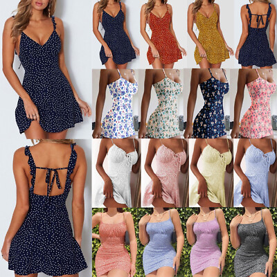 #ad Women#x27;s Boho V Neck Mini Dress Summer Floral Beach Short Dress Sundress Skirts