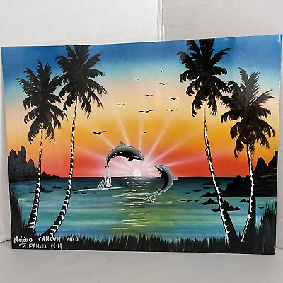 #ad Tropical Landscape Dolphin Painting Landscape Signed Original Mexico 14x17” $39.56