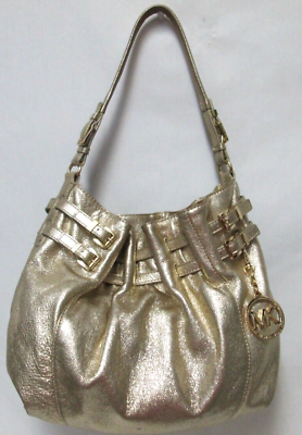 #ad Michael Kors Leather bucket shoulder bag purse w Fob gold buckles large charm