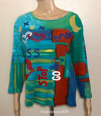 #ad Chico Women#x27;s Classic Embroidered Pull Over Shirt 3 4 Sleeve Green Multi Size 3