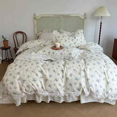 #ad Vintage Floral Pattern 4Pcs Bedding Set Ruffles Bed Skirt Duvet Cover Pillowcase