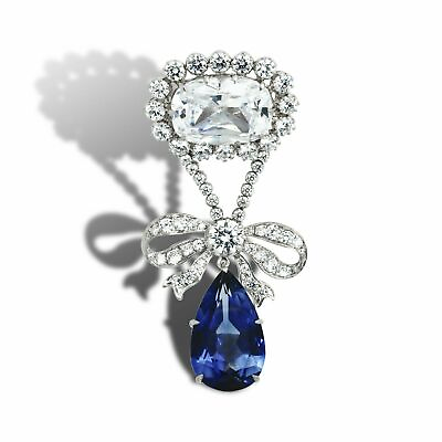 #ad 75ct Blue Pear Drop 925 Sterling Silver White Cushion Halo Wedding Bow Brooch Pi