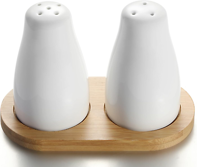 #ad Ceramic Salt and Pepper Shaker Set with Bamboo Tray 2 Pieces Modern White Salt