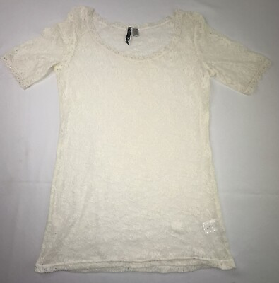 #ad BKE Buckle Short Sleeve Sheer Shirt Scoop Neck Lace Ivory Juniors Large Women