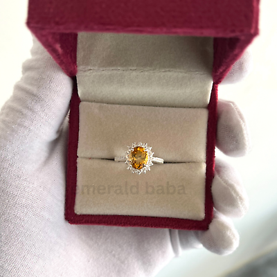 #ad Natural Citrine Oval Cut Halo Cluster Gemstone Ring In 925 Sterling Silver Ring