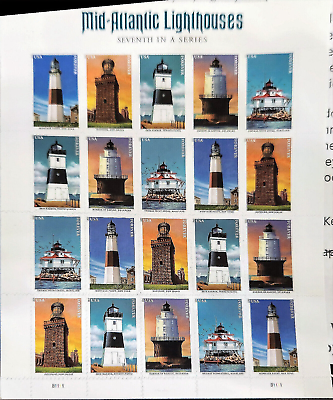 #ad Sheet of 20 quot;Mid Atlantic Lighthousesquot; First Class Stamps Face Value $13.60