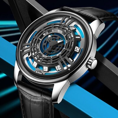 #ad Mechanical Wristwatches Blue Hollow Dial Engine Concept Leather Watch Luminous