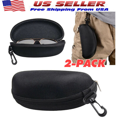 #ad 2 Pack Sunglasses Hard Case Eye Glasses Black Clam Shell Zipper With Hook Clip