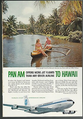 #ad 1960 PAN AM advertisement Pan American Boeing 707 Hawaii outrigger canoe