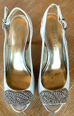 #ad 👠Antonio Melani Women’s Dressy White amp; Silver Shimmery Heels Rhinestone Size 8M