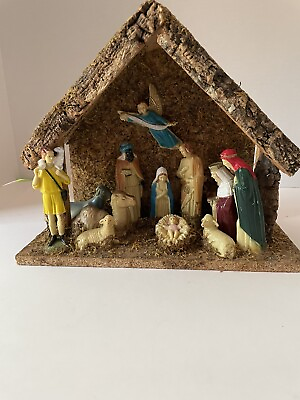 #ad Vintage 70’s Nativity Plastic Figurines Glued Onto Stable 8” High 10” Wide
