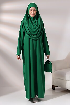 #ad Muslim Women Prayer Dress Prayer Abaya with Bag One Piece Long Dress Green $32.90