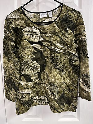 #ad Chicos size 1 Blouse Green Leaf pattern Semi Sheer stretchy 3 4 sleeves