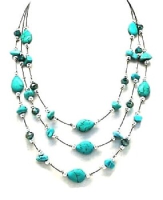 #ad 22 Inch 3 Strands Turquoise Necklace With Spacer And Faceted Beads Jewelry Gifts