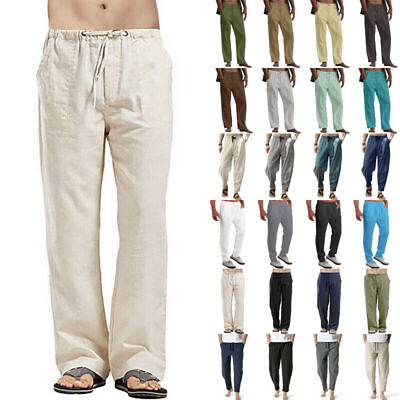 #ad Mens Cotton Linen Pants Drawstring Sport Gym Casual Loose Solid Trousers Slacks