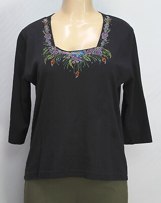 #ad Get Lucky Women#x27;s Knit Top 3 4 Sleeve Rhinestone Black Size M