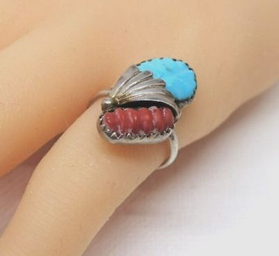 #ad ZUNI Turquoise amp; Coral Ring Signed Loyolita Othole Size 5 1 2 Native American