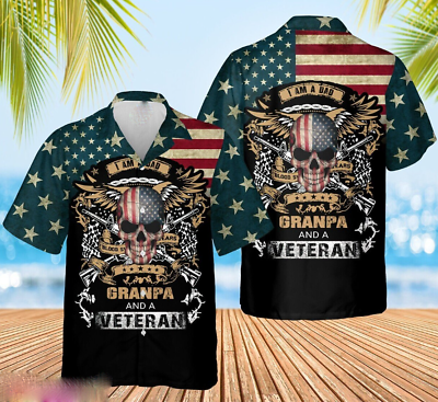 #ad Proud Dad Grandpa Veteran Us Flag Premium Hawaiian Day Shirt